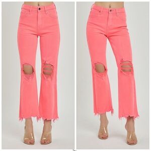 Revolve Risen Jeans Pink NEVIE NEON CORAL DISTRESSED HIGH RISE STRAIGHT LEG Jean